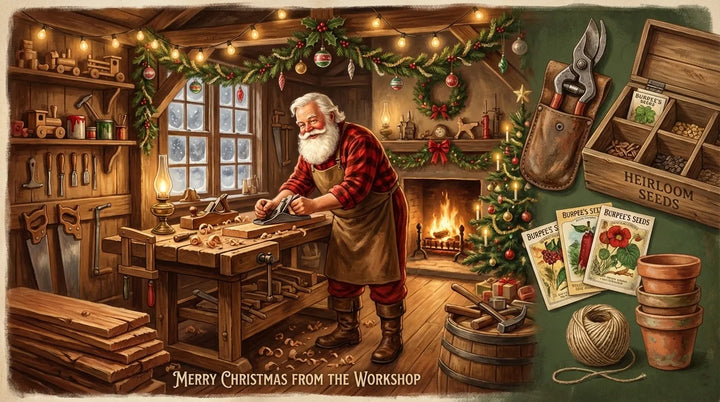 Vintage Christmas workshop scene with old-fashioned Santa at a wooden workbench, surrounded by classic woodworking tools, cedar boards, and subtle gardener-friendly gifts like seed packets and pruners, all in warm nostalgic holiday lighting.