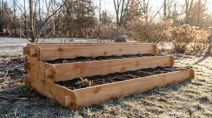 Timberlane Gardens cedar raised bed prepared for a January garden reset with freshly loosened soil, light winter frost, and soft morning sunlight.