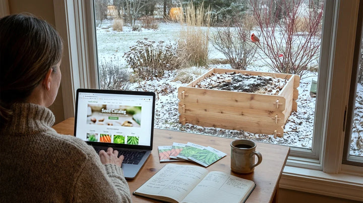 Gardener planning a vegetable garden in winter indoors while browsing seed catalogs, with a prepared cedar raised garden bed visible outside in a snowy garden
