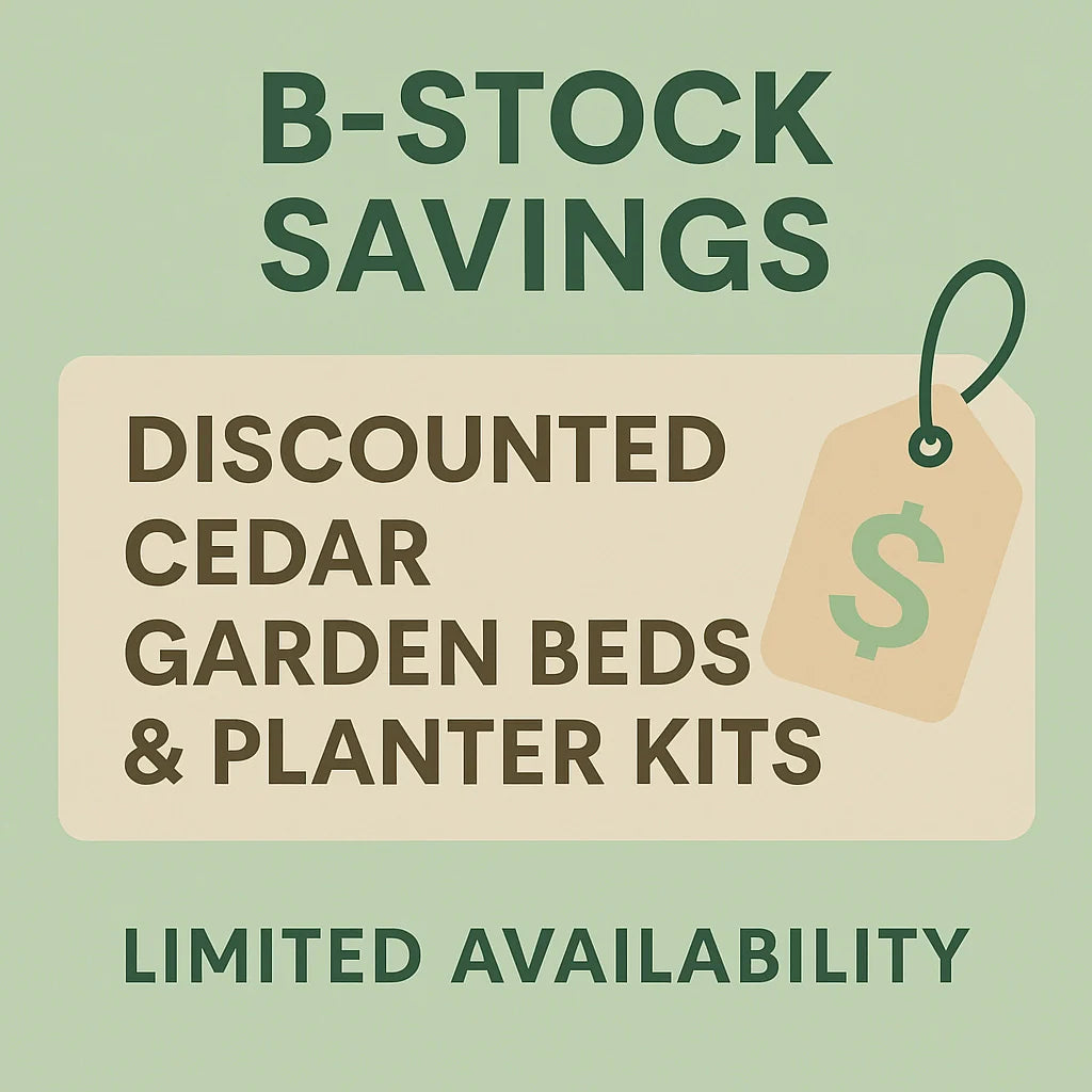 Banner for Timberlane Gardens B-Stock savings — discounted cedar raised garden beds and planter kits, with limited availability and pastel garden tones.