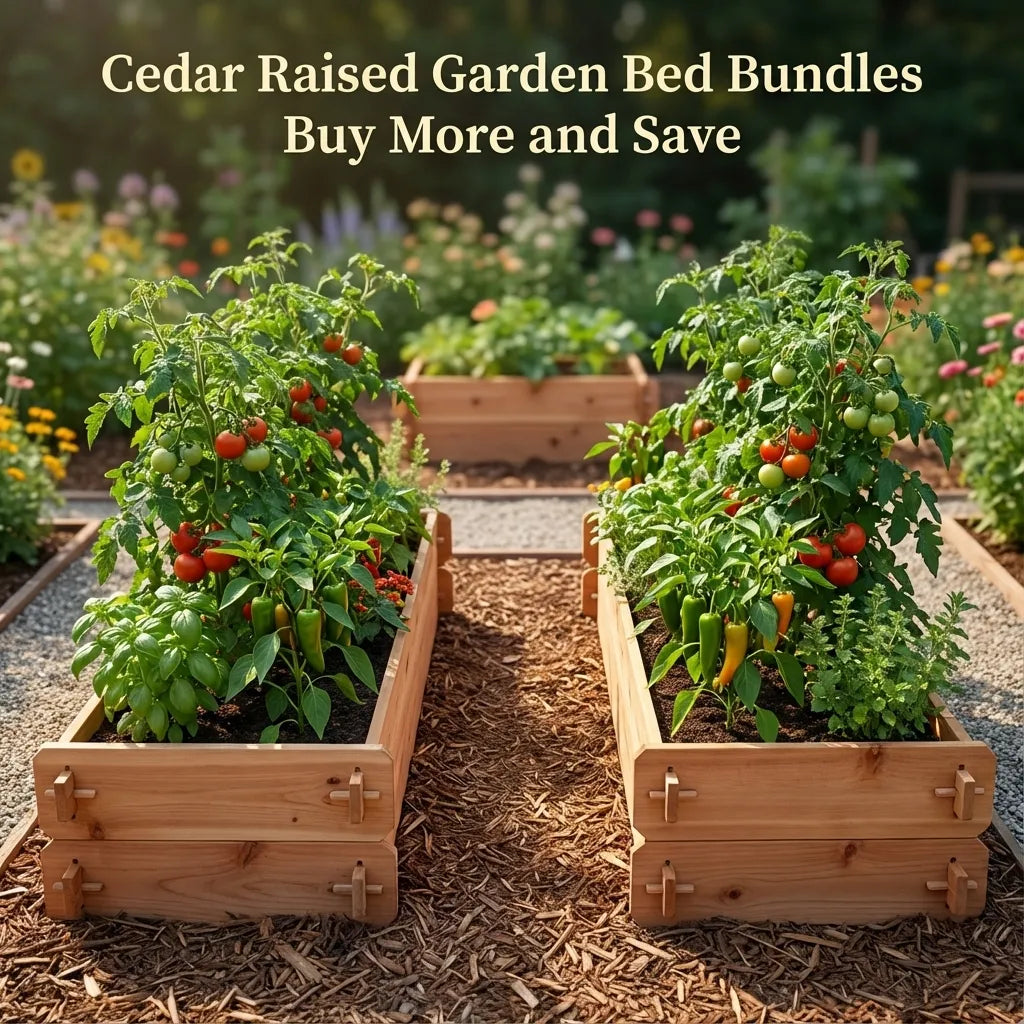 Cedar raised garden bed bundles from Timberlane Gardens – handcrafted select cedar planters filled with lush green vegetables, with banner text reading ‘Buy more and save.’