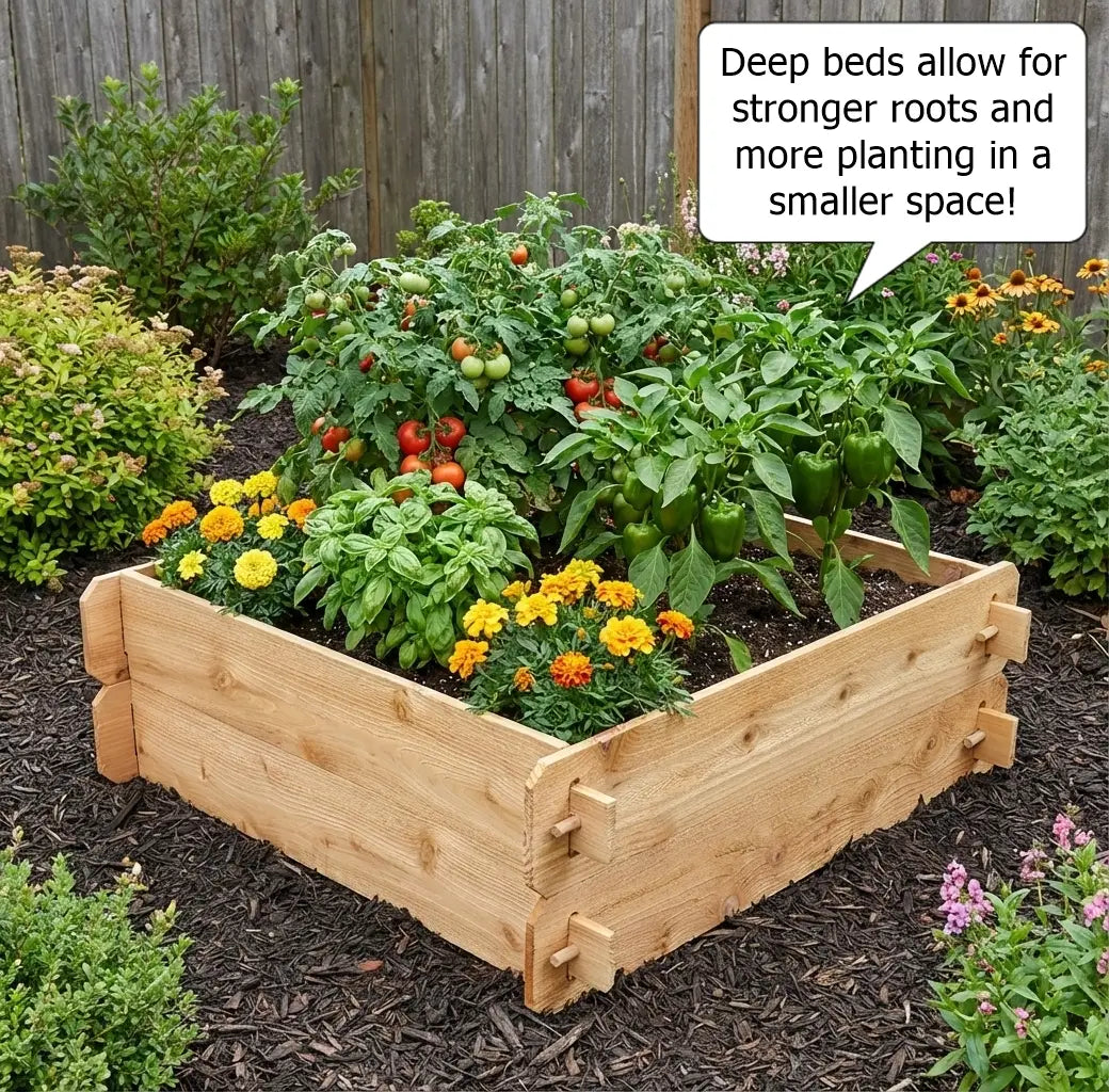 Double-height cedar raised garden bed in a backyard garden, showing how deep beds support stronger root growth and allow more planting in a smaller space.