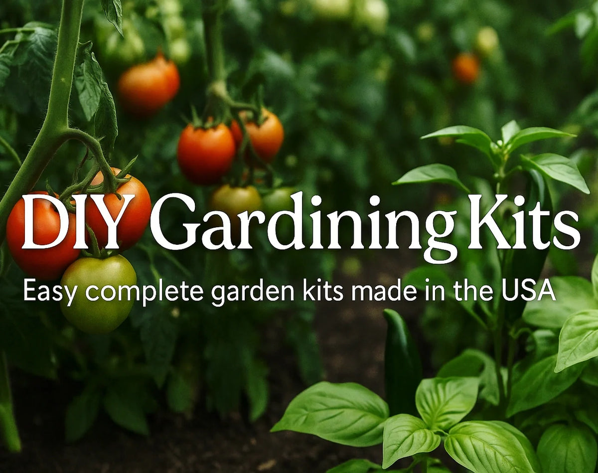 Professional banner showing a lush vegetable garden with tomato, pepper, and basil plants, featuring the text “DIY Gardening Kits – Easy, Complete Garden Kits Made in the USA” for Timberlane Gardens’ DIY gardening collection.