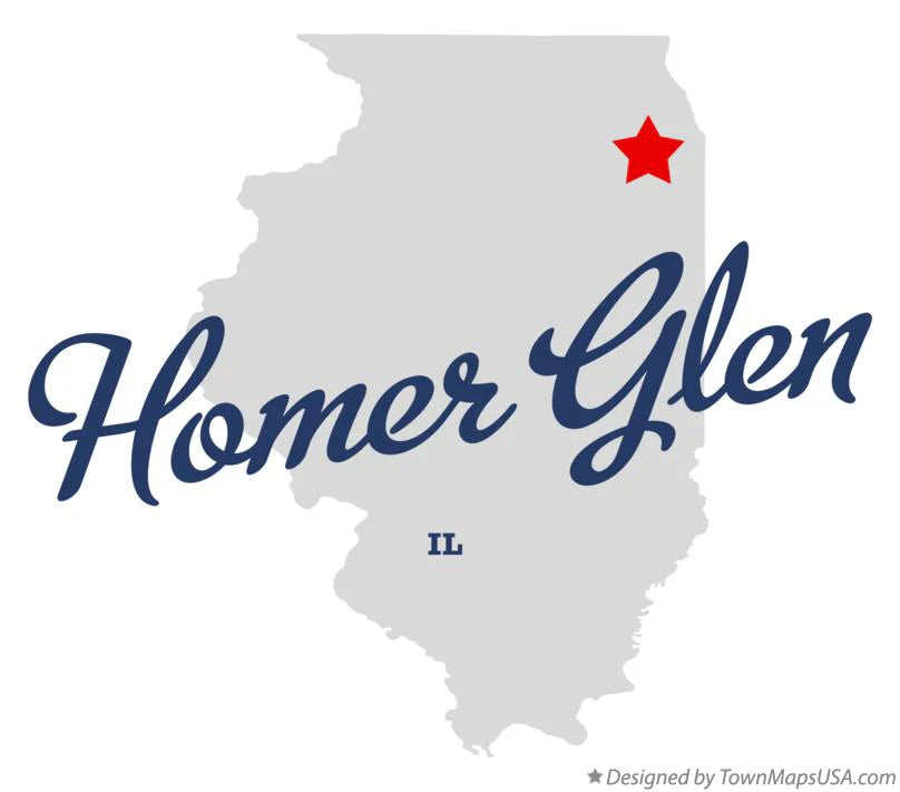 Map graphic of Illinois highlighting Homer Glen, IL — representing Timberlane Gardens’ local pickup and purchasing area.