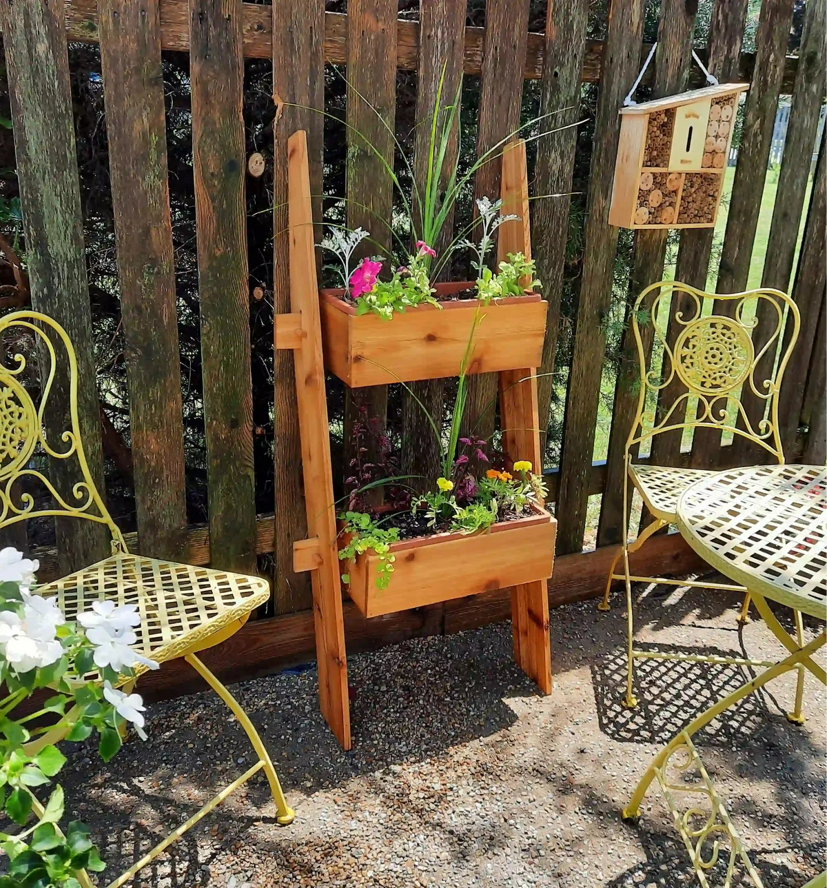 Cedar outdoor garden planter on patio — handcrafted Select Cedar raised planter from Timberlane Gardens