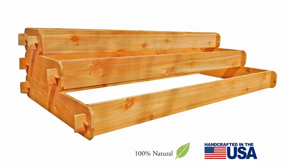 Three-tier cedar raised garden bed kits from Timberlane Gardens — handcrafted Select Cedar planters made in the USA, designed for deep-rooted vegetables, herbs, and compact gardens.