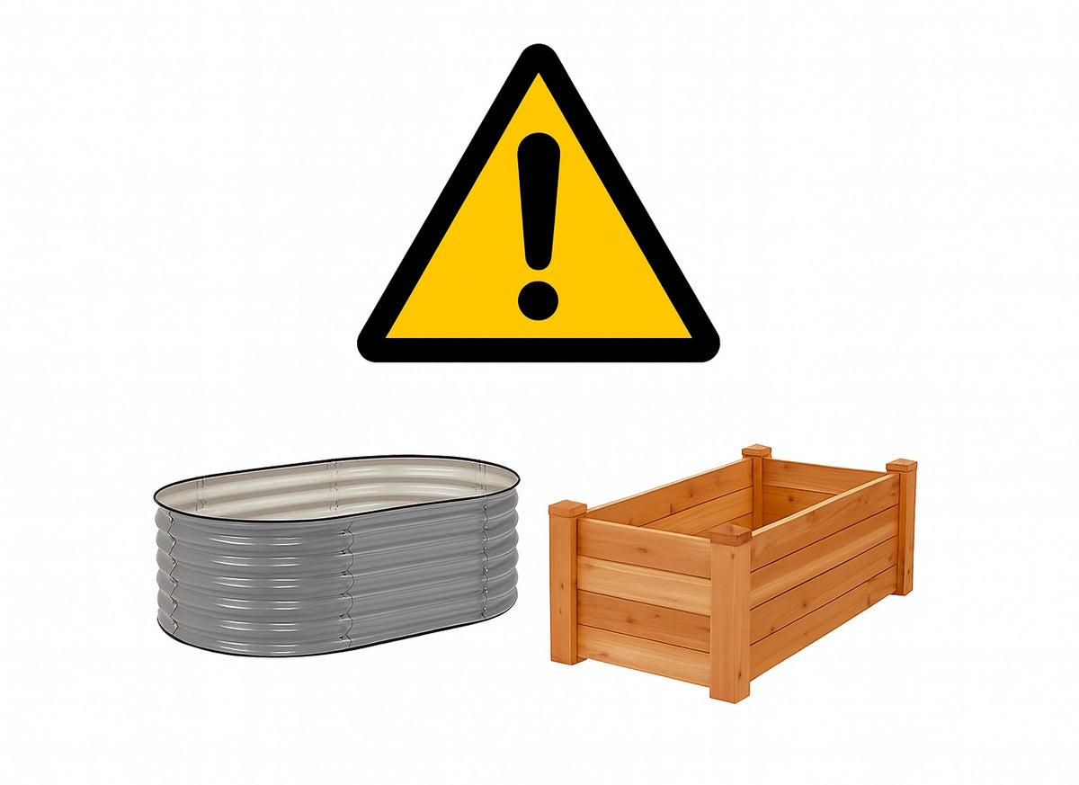 Comparison of a galvanized metal raised garden bed and a cedar wooden raised garden bed with a caution sign, highlighting potential safety and sustainability concerns of metal and imported wood planters.