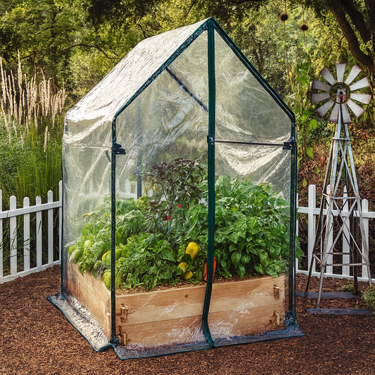 “Cedar raised garden bed with full greenhouse cover by Timberlane Gardens — handcrafted USA-made raised bed front view.”
