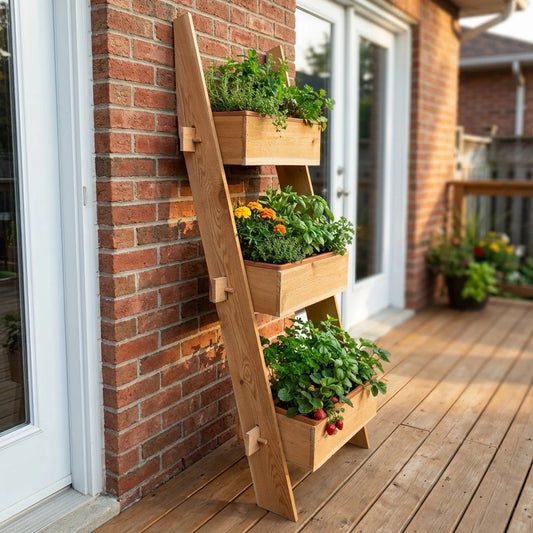 Three-tier vertical cedar standing planter leaning against a brick house wall, filled with herbs, flowers, and strawberries on a backyard deck.