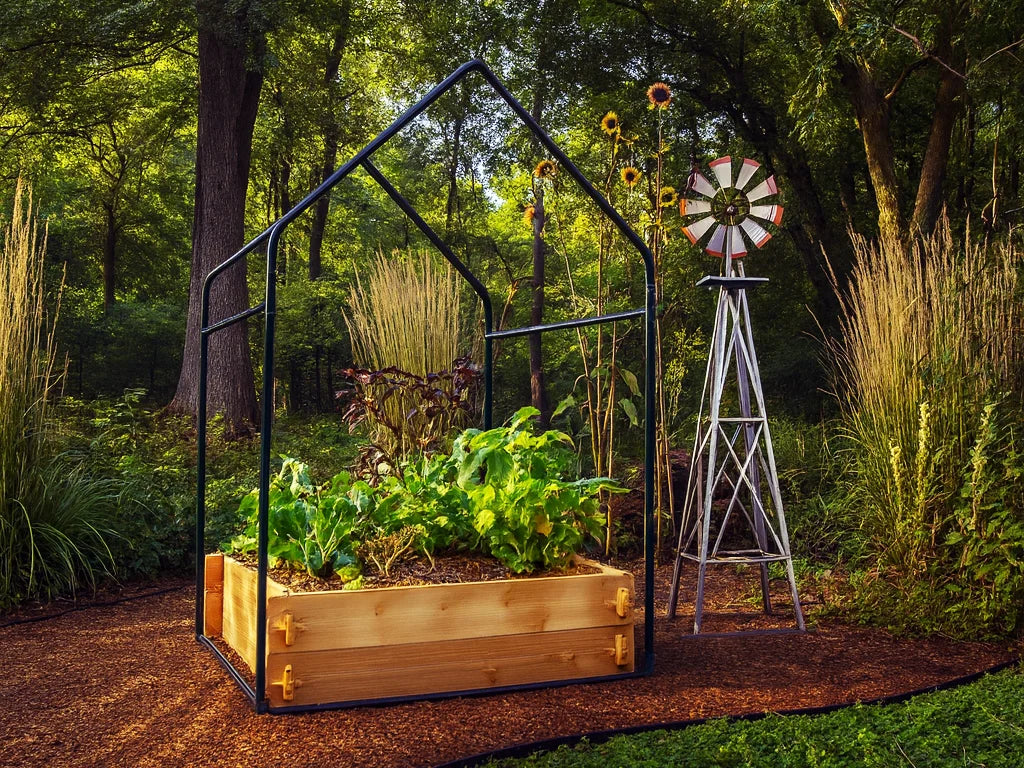 Assembled cedar raised garden bed and greenhouse kit handcrafted by Timberlane Gardens — outdoor cold frame setup.