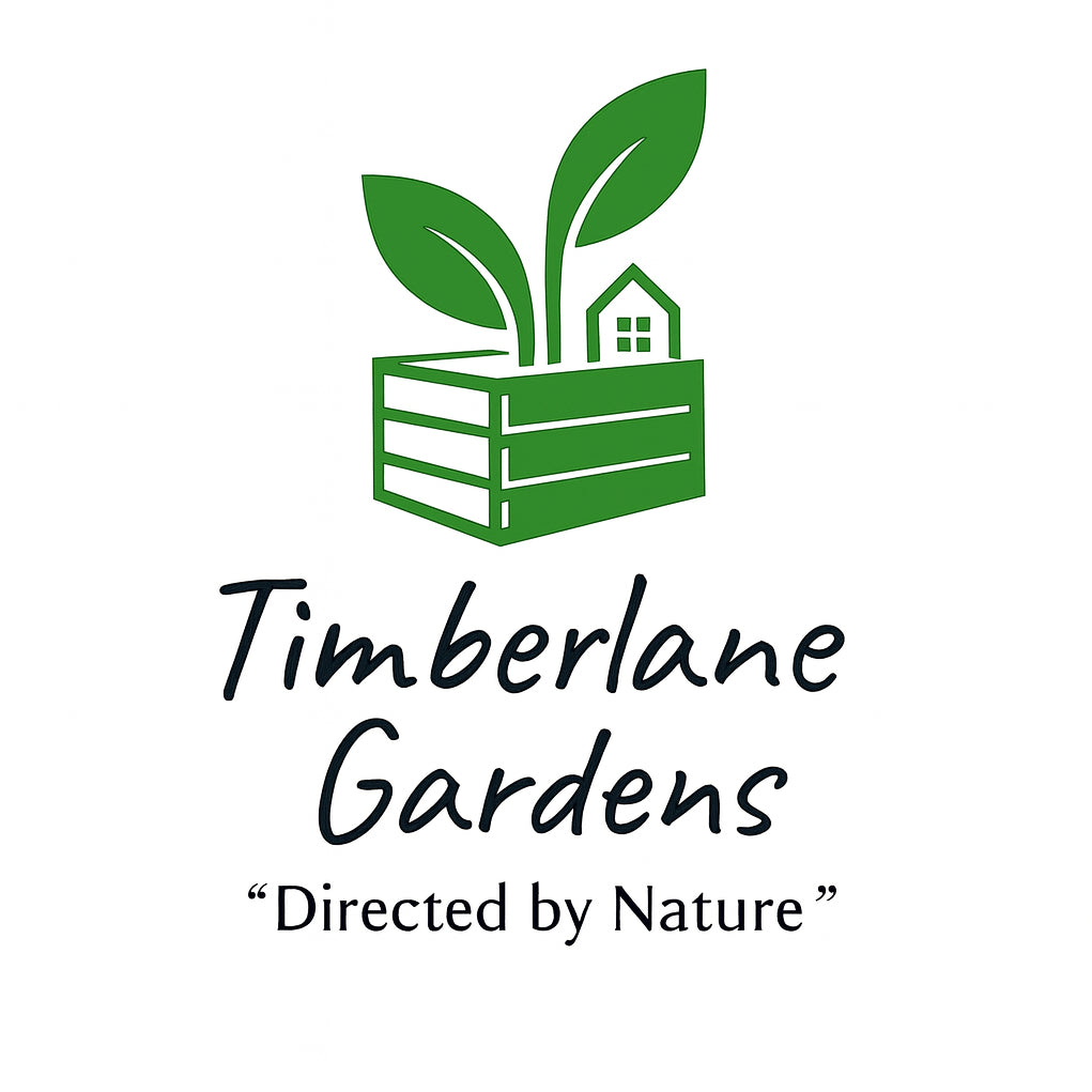 Timberlane Gardens slogan is "Directed by Nature.  The image is a tiny house in a raised garden bed with green plant leaves growing in place of a tree.